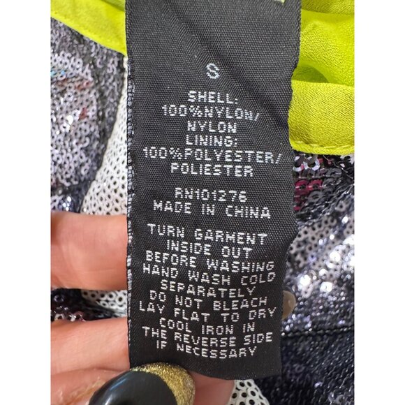 Rampage Sequin Skirt Geometric Silver & Black Pattern Neon Yellow Lining NWT - S - Picture 7 of 8